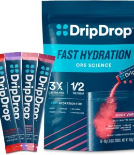 DripDrop Hydration Packets - Juicy Variety Pack - Single Serve Electrolytes Powder Drink Mix - Grape, Fruit Punch, Strawberry Lemonade, Cherry - Non-GMO, Gluten Free, Vegan - 16 Sticks