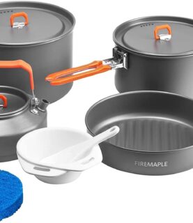 Fire-Maple Feast Outdoor Camping Cookware Set, Portable Stackable Cooking Pot and Pan Kit with Kettle, Saucepans and Spatula for Hiking, Fishing and Backpacking