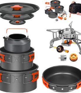 Smokey Camp Camping Cookware Mess Kit Set with Stove - Backpacking Camping Pots and Pans Set, All in One Non-Stick Camping Cooking Set, Portable Stove, Hiking, Picnic, Outdoor & Camping Cookware Set